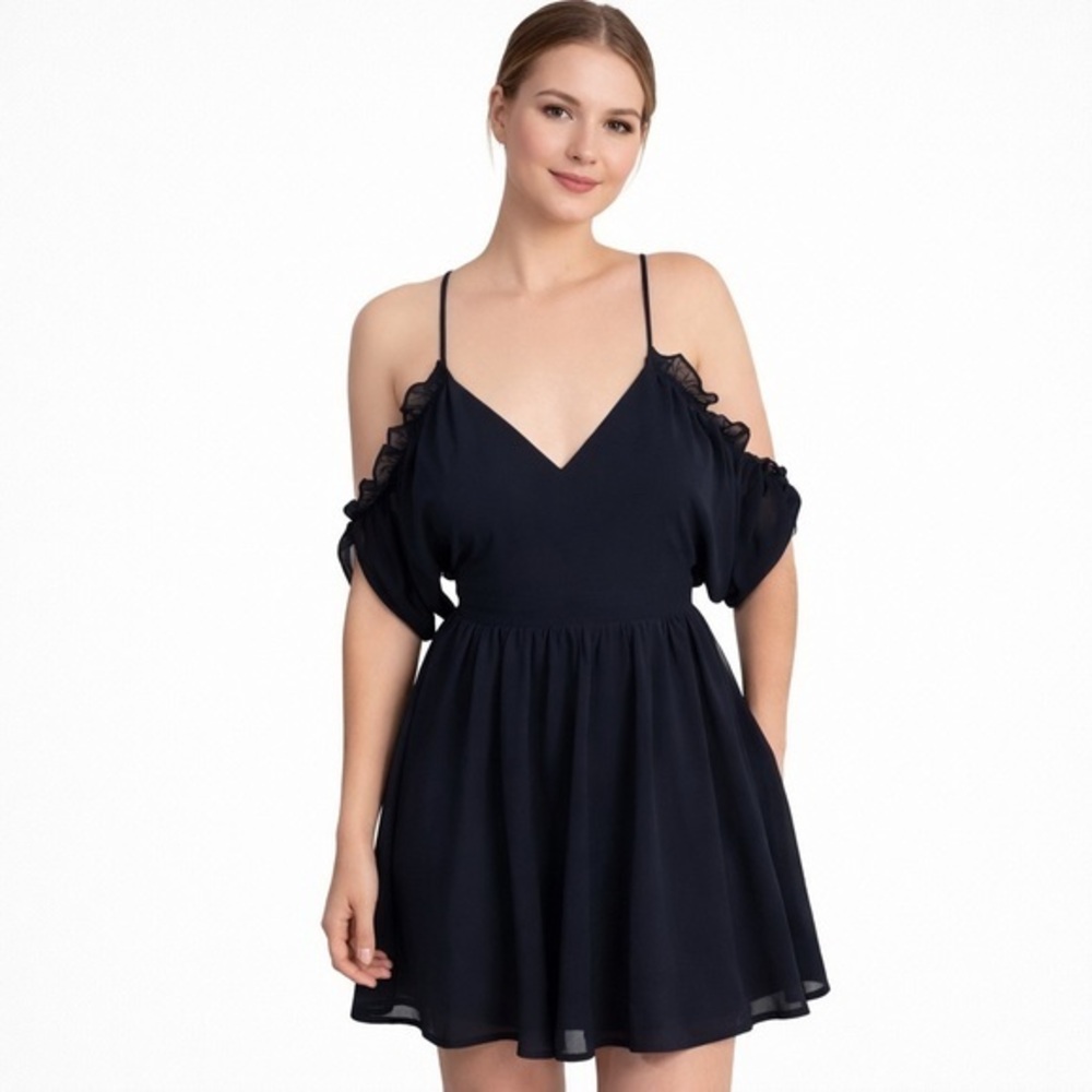 Tobi Navy Cold Shoulder Ruffle Mini Dress 💕
